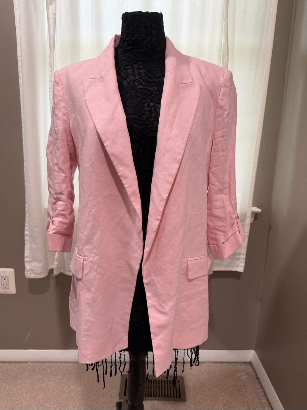 Zara Linen Blend Women's Pink Lightweight Long Blazer Jacket XL